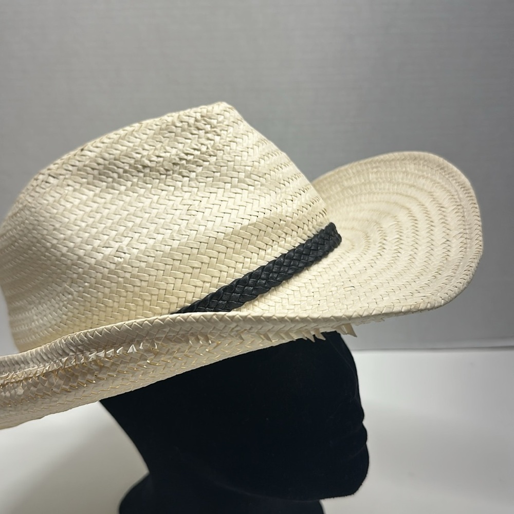 Stetson Cowboy Hat Western Straw Braided Belt Buckle Ivory Black Size Medium - Picture 6 of 10